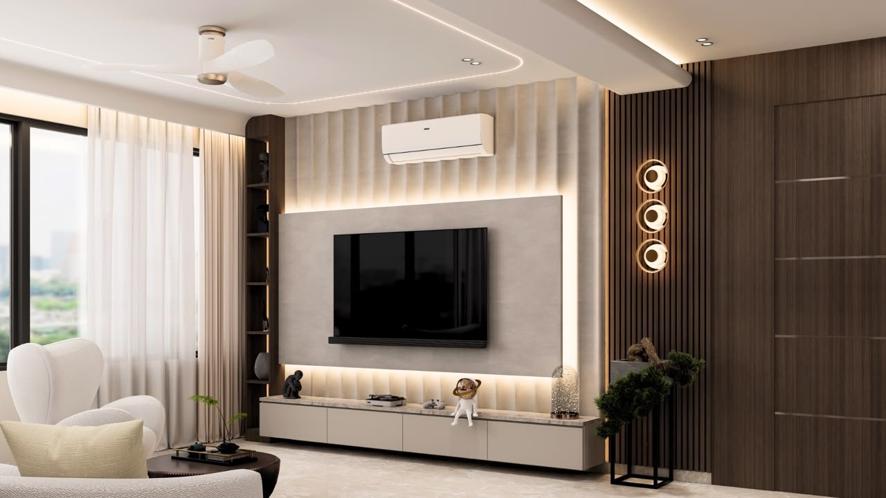 Contemporary television wall visualisation with warm wood panelling